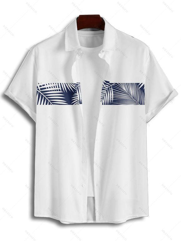 Chemise Décontractée Boutonnée Motif de Feuille de Palmier à Manches Roulées pour Homme - Blanc M