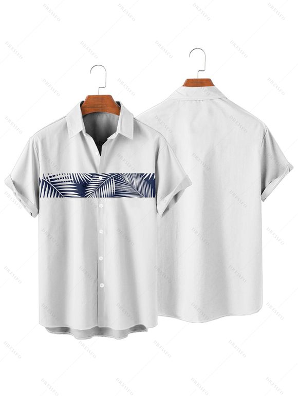 Chemise Décontractée Boutonnée Motif de Feuille de Palmier à Manches Roulées pour Homme - Blanc M