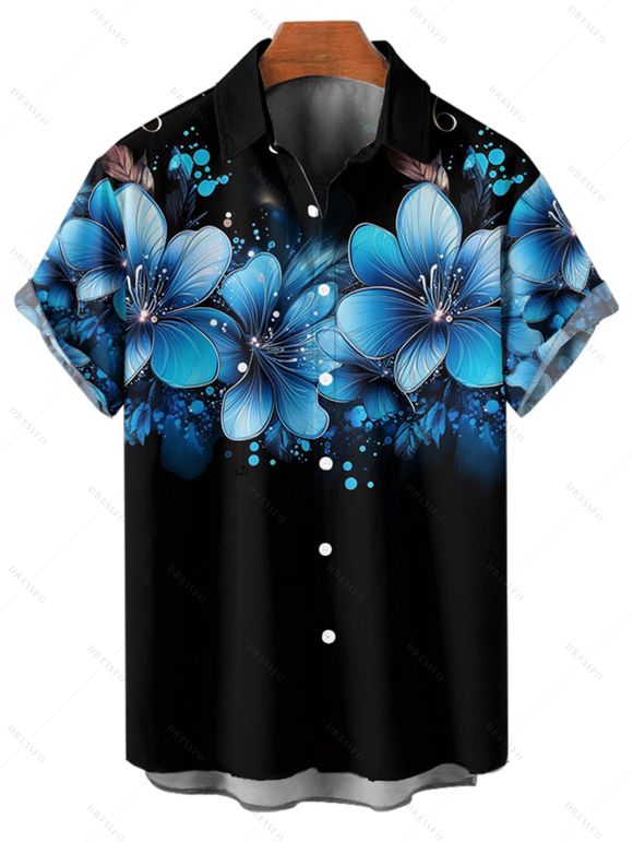 Chemise Décontractée Boutonnée Motif de Fleur à Pois à Manches Roulées pour Homme - Noir XL