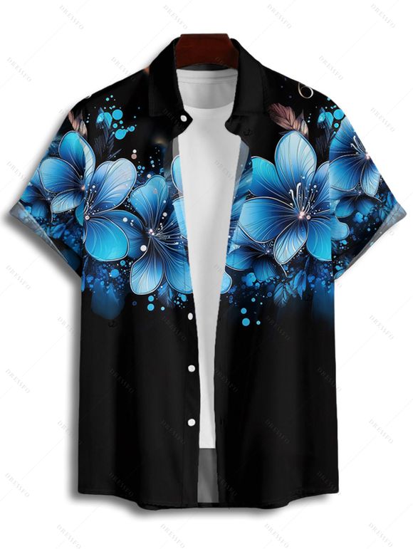 Chemise Décontractée Boutonnée Motif de Fleur à Pois à Manches Roulées pour Homme - Noir M