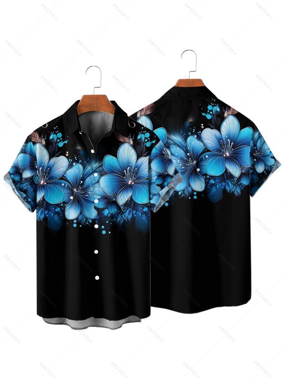 Chemise Décontractée Boutonnée Motif de Fleur à Pois à Manches Roulées pour Homme - Noir M