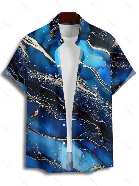 Chemise de Vacances Décontractée en Blocs de Couleurs Boutonnée Imprimée à Manches Roulées - Bleu profond XL