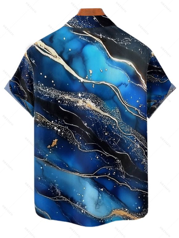 Chemise de Vacances Décontractée en Blocs de Couleurs Boutonnée Imprimée à Manches Roulées - Bleu profond XL