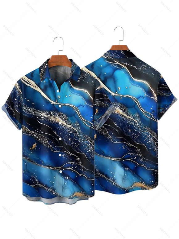 Chemise de Vacances Décontractée en Blocs de Couleurs Boutonnée Imprimée à Manches Roulées - Bleu profond XL