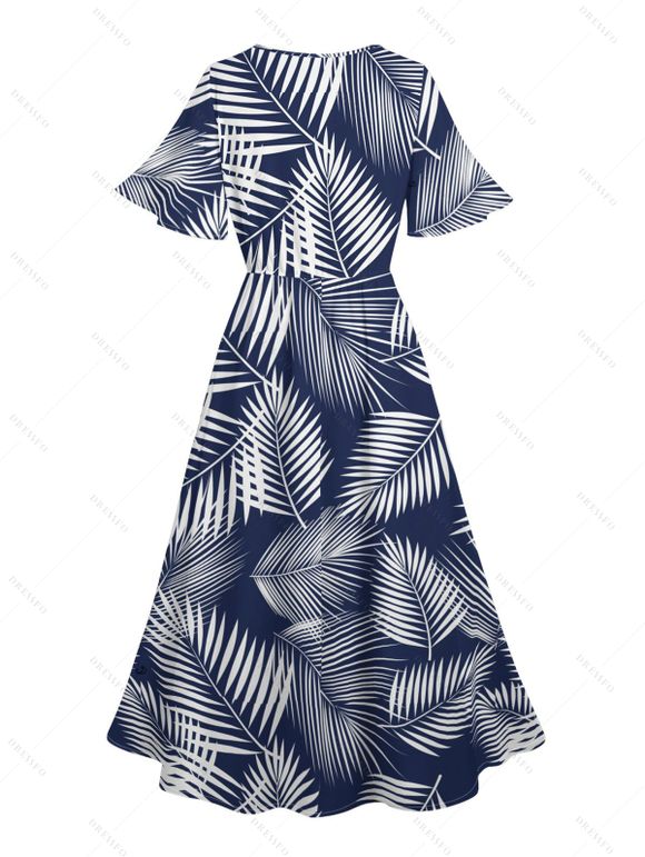 Robe de Vacances Ligne A Fendue Motif de Feuille Palmier à Manches Evasées à Col V - Bleu profond S | US 4