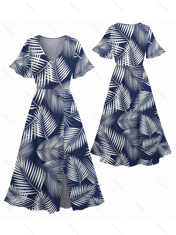 Robe de Vacances Ligne A Fendue Motif de Feuille Palmier à Manches Evasées à Col V - Bleu profond S | US 4