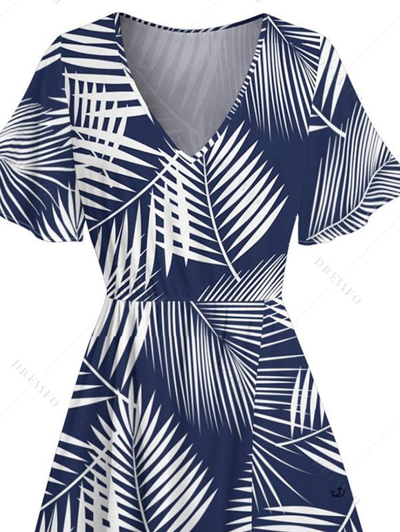 Robe de Vacances Ligne A Fendue Motif de Feuille Palmier à Manches Evasées à Col V - Bleu profond S | US 4