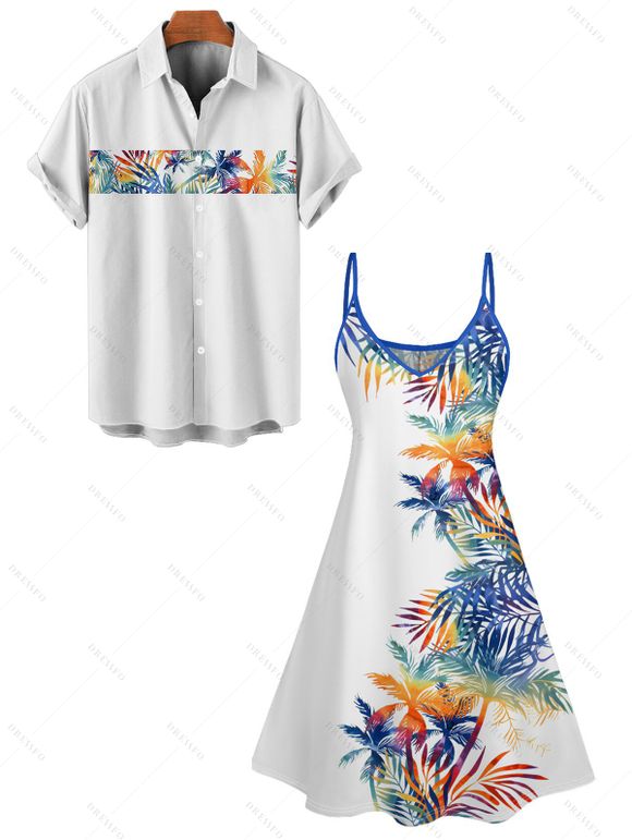 Vacation Couple Outfit Colorful Palm Leaf Print Spaghetti Strap A Line Tank Dress and Roll Up Sleeve Shirt Matching Outfit - Blanc S | US 4