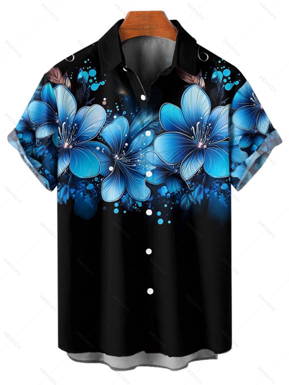 Vacation Couple Outfit Dots Floral Pattern Spaghetti Strap A Line Tank Dress and Roll Up Sleeve Shirt Matching Outfit - Noir S | US 4