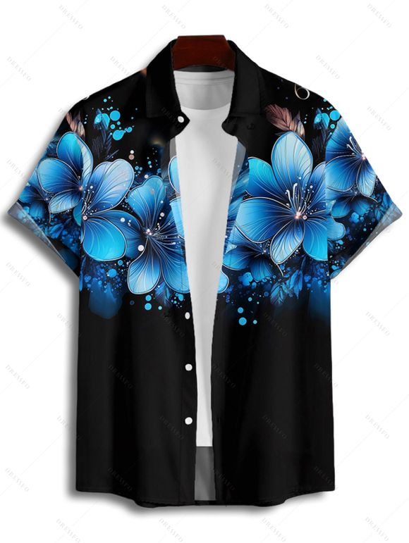 Vacation Couple Outfit Dots Floral Pattern Spaghetti Strap A Line Tank Dress and Roll Up Sleeve Shirt Matching Outfit - Noir S | US 4