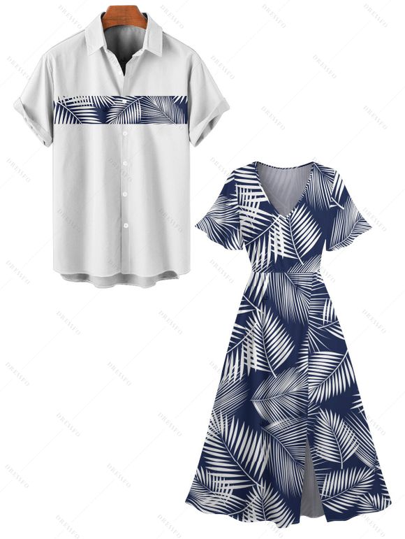 Vacation Couple Outfit Allover Palm Leaf Pattern Flare Sleeve Slit Dress and Roll Up Sleeve Shirt Matching Outfit - Bleu profond S | US 4