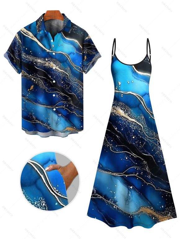 Vacation Couple Outfit Colorblock Marble Printed Spaghetti Strap A Line Tank Dress and Roll Up Sleeve Shirt Matching Outfit - Bleu profond S | US 4