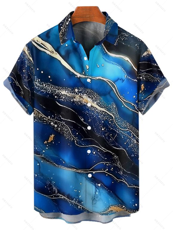 Vacation Couple Outfit Colorblock Marble Printed Spaghetti Strap A Line Tank Dress and Roll Up Sleeve Shirt Matching Outfit - Bleu profond S | US 4