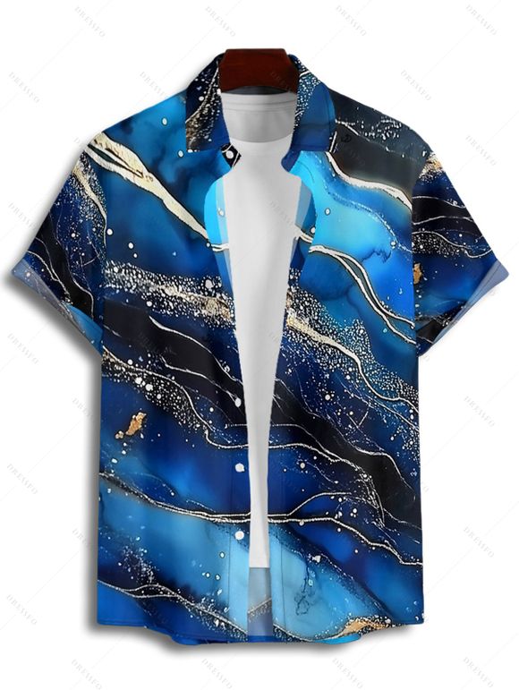 Vacation Couple Outfit Colorblock Marble Printed Spaghetti Strap A Line Tank Dress and Roll Up Sleeve Shirt Matching Outfit - Bleu profond S | US 4