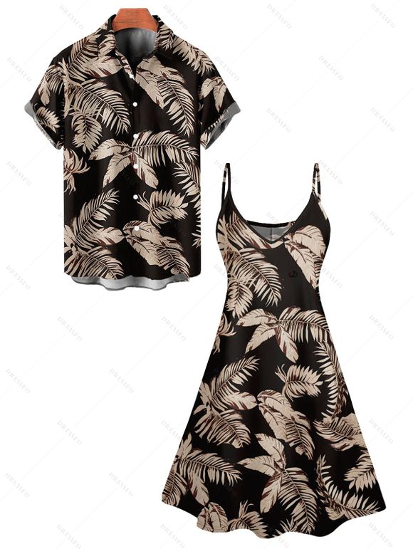 Vacation Couple Outfit Allover Leaf Pattern Spaghetti Strap A Line Tank Dress and Roll Up Sleeve Shirt Matching Outfit - Noir S | US 4