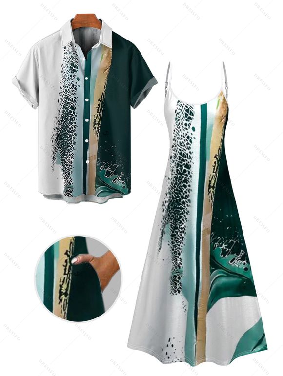 Vacation Couple Outfit Colored Printed Spaghetti Strap A Line Tank Dress and Roll Up Sleeve Shirt Matching Outfit - Vert profond S | US 4