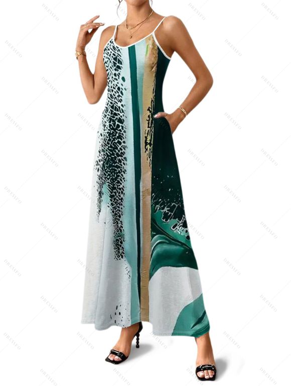 Vacation Couple Outfit Colored Printed Spaghetti Strap A Line Tank Dress and Roll Up Sleeve Shirt Matching Outfit - Vert profond S | US 4