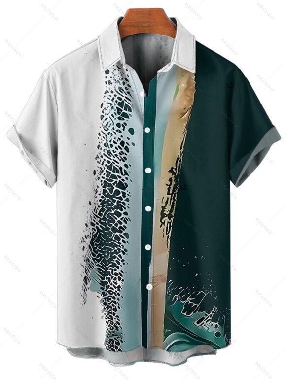 Vacation Couple Outfit Colored Printed Spaghetti Strap A Line Tank Dress and Roll Up Sleeve Shirt Matching Outfit - Vert profond S | US 4