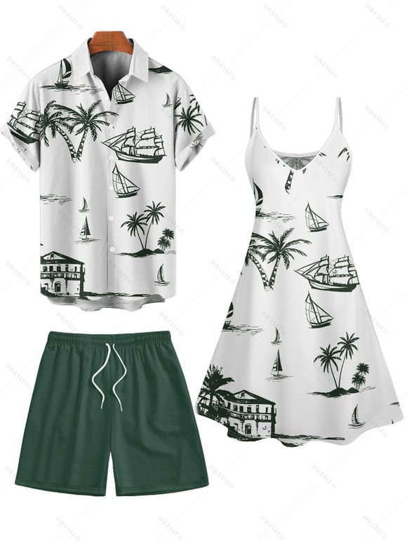 Vacation Couple Outfit Coconut Tree Print V Neck High Waist Spaghetti Strap Dress and Roll Up Sleeve Shirt Solid Color Drawstrings Beach Shorts Matching Outfit - Vert profond S | US 4