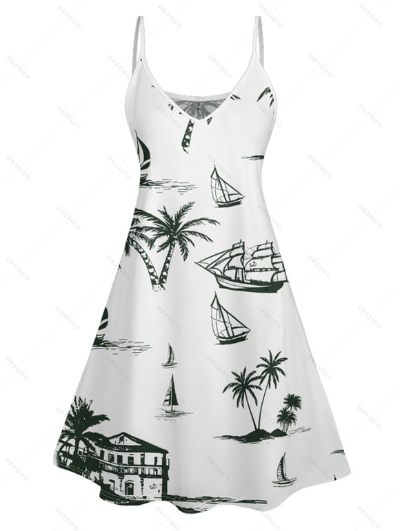 Vacation Couple Outfit Coconut Tree Print V Neck High Waist Spaghetti Strap Dress and Roll Up Sleeve Shirt Solid Color Drawstrings Beach Shorts Matching Outfit - Vert profond S | US 4