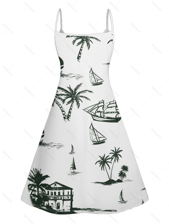 Vacation Couple Outfit Coconut Tree Print V Neck High Waist Spaghetti Strap Dress and Roll Up Sleeve Shirt Solid Color Drawstrings Beach Shorts Matching Outfit - Vert profond S | US 4