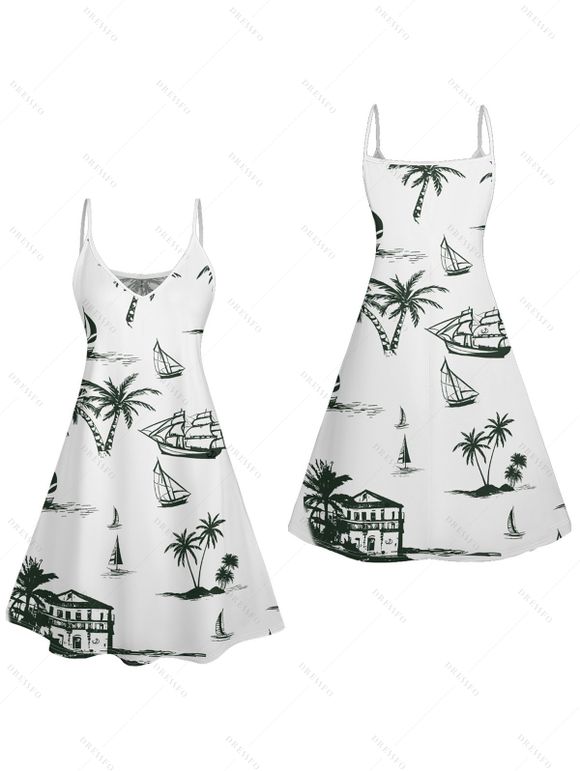 Vacation Couple Outfit Coconut Tree Print V Neck High Waist Spaghetti Strap Dress and Roll Up Sleeve Shirt Solid Color Drawstrings Beach Shorts Matching Outfit - Vert profond S | US 4