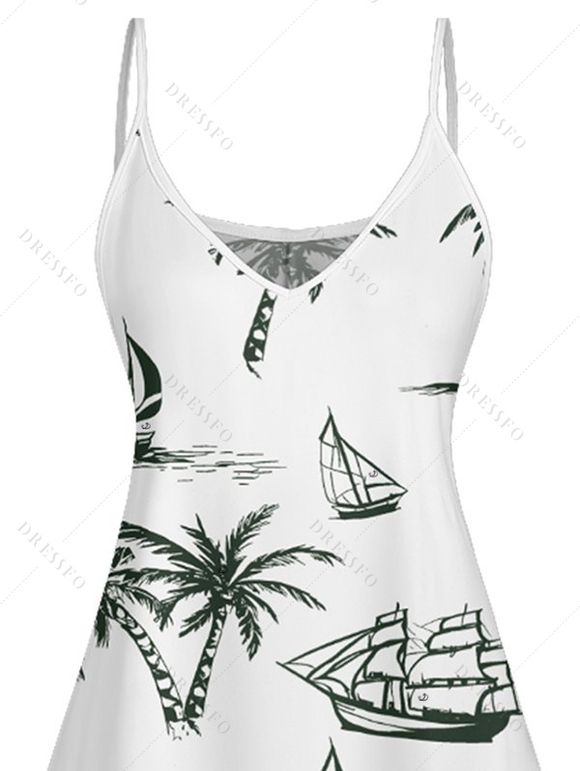 Vacation Couple Outfit Coconut Tree Print V Neck High Waist Spaghetti Strap Dress and Roll Up Sleeve Shirt Solid Color Drawstrings Beach Shorts Matching Outfit - Vert profond S | US 4