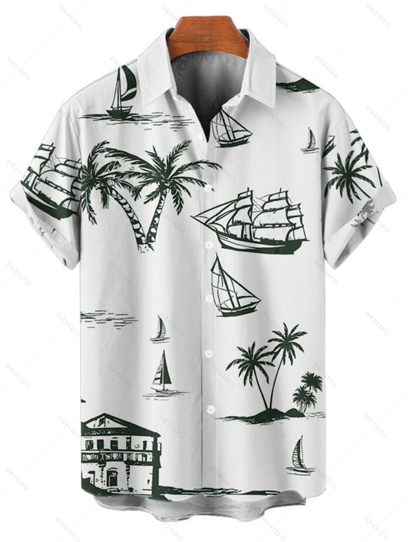 Vacation Couple Outfit Coconut Tree Print V Neck High Waist Spaghetti Strap Dress and Roll Up Sleeve Shirt Solid Color Drawstrings Beach Shorts Matching Outfit - Vert profond S | US 4