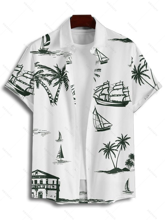 Vacation Couple Outfit Coconut Tree Print V Neck High Waist Spaghetti Strap Dress and Roll Up Sleeve Shirt Solid Color Drawstrings Beach Shorts Matching Outfit - Vert profond S | US 4