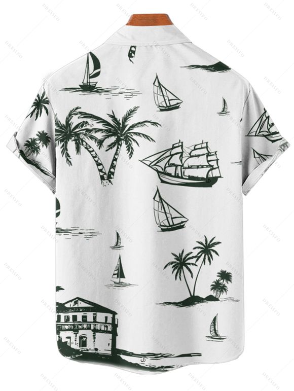 Vacation Couple Outfit Coconut Tree Print V Neck High Waist Spaghetti Strap Dress and Roll Up Sleeve Shirt Solid Color Drawstrings Beach Shorts Matching Outfit - Vert profond S | US 4