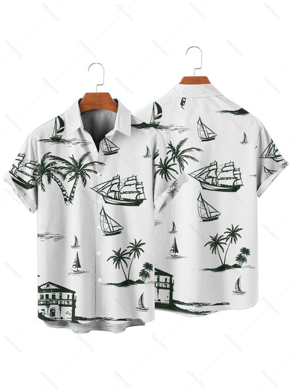 Vacation Couple Outfit Coconut Tree Print V Neck High Waist Spaghetti Strap Dress and Roll Up Sleeve Shirt Solid Color Drawstrings Beach Shorts Matching Outfit - Vert profond S | US 4