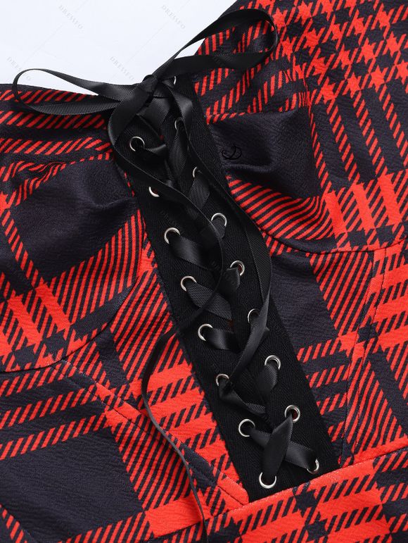Mini Robe Moulante Ligne A à Carreaux Imprimé sans Manches avec Œillet à Lacets - Rouge XL | US 12