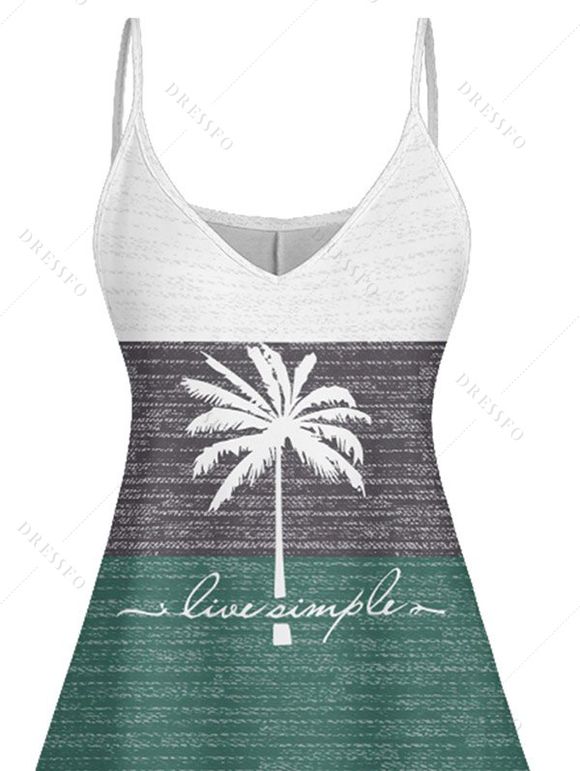 Robe de Vacances Ligne A Rayée Palmier Lettre Imprimée en Couleur Contrastée à Bretelle Fine - Vert profond XL | US 12