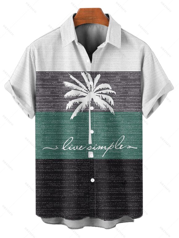 Vacation Couple Outfit Colorblock Palm Tree Letter Pattern Spaghetti Strap A Line Tank Dress and Roll Up Sleeve Shirt Matching Outfit - Vert profond S | US 4