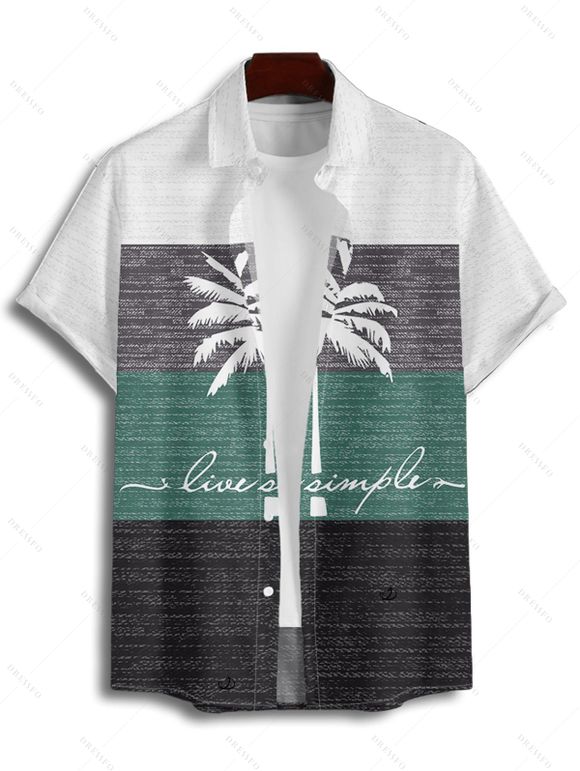 Vacation Couple Outfit Colorblock Palm Tree Letter Pattern Spaghetti Strap A Line Tank Dress and Roll Up Sleeve Shirt Matching Outfit - Vert profond S | US 4