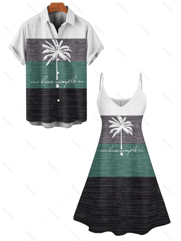 Vacation Couple Outfit Colorblock Palm Tree Letter Pattern Spaghetti Strap A Line Tank Dress and Roll Up Sleeve Shirt Matching Outfit - Vert profond S | US 4