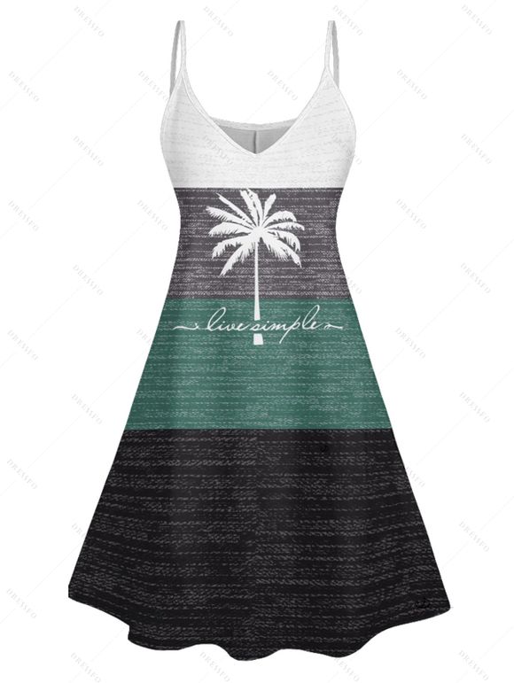 Vacation Couple Outfit Colorblock Palm Tree Letter Pattern Spaghetti Strap A Line Tank Dress and Roll Up Sleeve Shirt Matching Outfit - Vert profond S | US 4