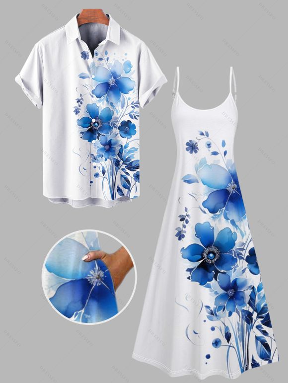 Vacation Couple Outfit Watercolor Leaf Floral Print Spaghetti Strap A Line Long Dress and Roll Up Sleeve Button Up Shirt Matching Outfit - Blanc S | US 4