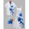 Vacation Couple Outfit Watercolor Leaf Floral Print Spaghetti Strap A Line Long Dress and Roll Up Sleeve Button Up Shirt Matching Outfit - Blanc S | US 4