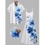 Vacation Couple Outfit Watercolor Leaf Floral Print Spaghetti Strap A Line Long Dress and Roll Up Sleeve Button Up Shirt Matching Outfit - Blanc S | US 4