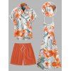 Vacation Couple Outfit Tropical Leaf Flower Pattern Spaghetti Strap Pocket Dress and Roll Up Sleeve Shirt Solid Color Drawstrings Beach Shorts Matching Outfit - Orange S | US 4