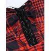 Gothic Outfit Plaid Print Grommet Lace Up Sleeveless High Waist A Line Mini Dress and Heart Rose Dark Floral Necklace Skull Floral Print Lace-Up Boots Outfit - Rouge S | US 4