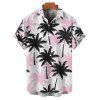 Chemise de Plage Boutonnée Motif de Cocotier en Blocs de Couleurs à Manches Roulées pour Homme - Rose clair 4XL