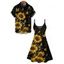 Vacation Couple Outfit Sunflower Butterfly Dots Pattern Spaghetti Strap A Line Tank Dress and Roll Up Sleeve Shirt Matching Outfit - Noir S | US 4