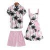 Vacation Couple Outfit Colorblock Coconut Tree Print Ruched Bust Belt Dress and Roll Up Sleeve Shirt Solid Color Drawstrings Beach Shorts Matching Outfit - Rose clair S | US 4