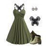 Casual Outfit Solid Color Crossover Butterfly Lace O Ring Strap Ruched Dress and Round Shape Life Tree Pattern Hoop Earrings Rivet Buckle Strap Zip Up Chunky Heel Boots Outfit - Vert profond S | US 4