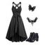 Gothic Outfit Crossover Self Belted Bowknot Tied Dress and Hollow Out Butterfly Hair Claw Beaded Lace Choker Floral Mesh Crystal High Heel Boots Outfit - Noir S | US 4