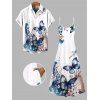 Vacation Couple Outfit Watercolor Ink Butterfly Peach Blossom Pattern Pocket Spaghetti Strap Dress and Roll Up Sleeve Shirt Matching Outfit - Blanc S | US 4