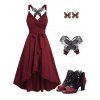 Casual Outfit Solid Color Butterfly Lace Crossover O Ring Strap Self-belted High Low Dress and Butterfly Earrings Zip Up High Heels Open Toe Sandals Outfit - Rouge foncé S | US 4