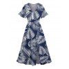 Robe de Vacances Ligne A Fendue Motif de Feuille Palmier à Manches Evasées à Col V - Bleu profond XXL | US 14